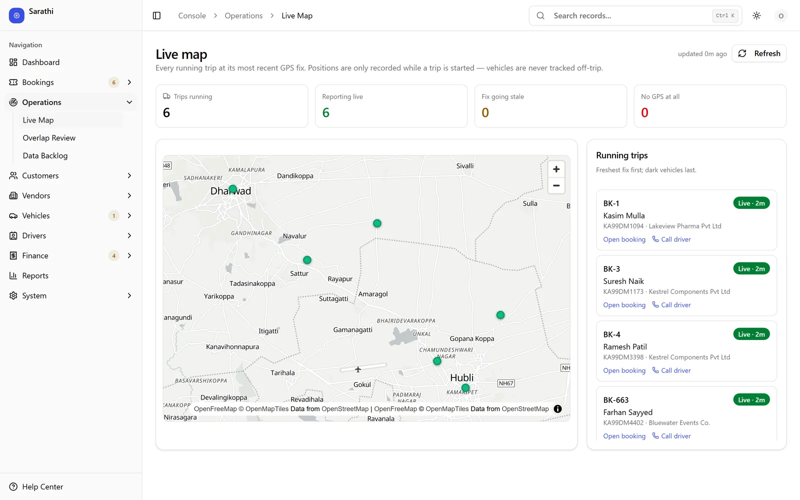 Sarathi live map with running trips and their latest GPS positions
